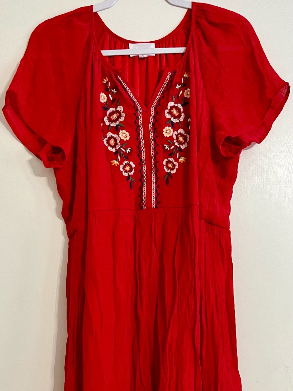 Ladies Red Embroidered Tiered Dress